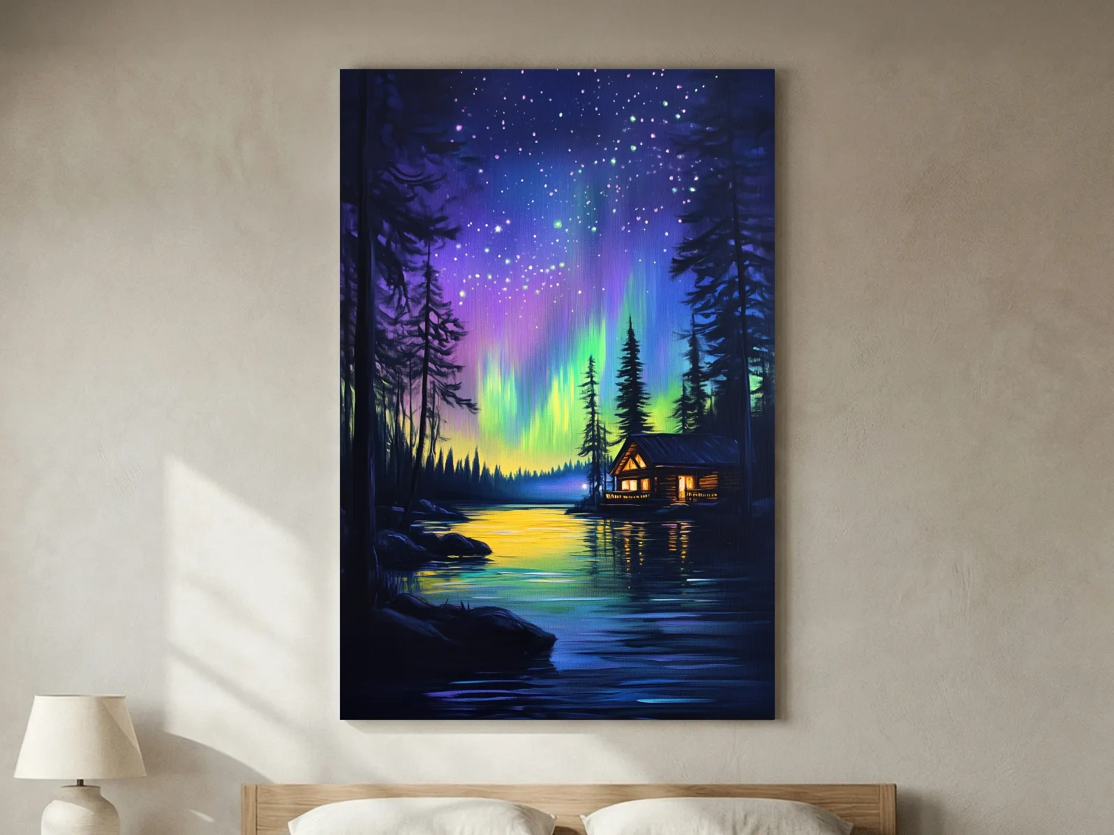 Vibrant Northern Lights Lakeside Cabin Painting - Aurora Borealis Night Landscape Wall Art