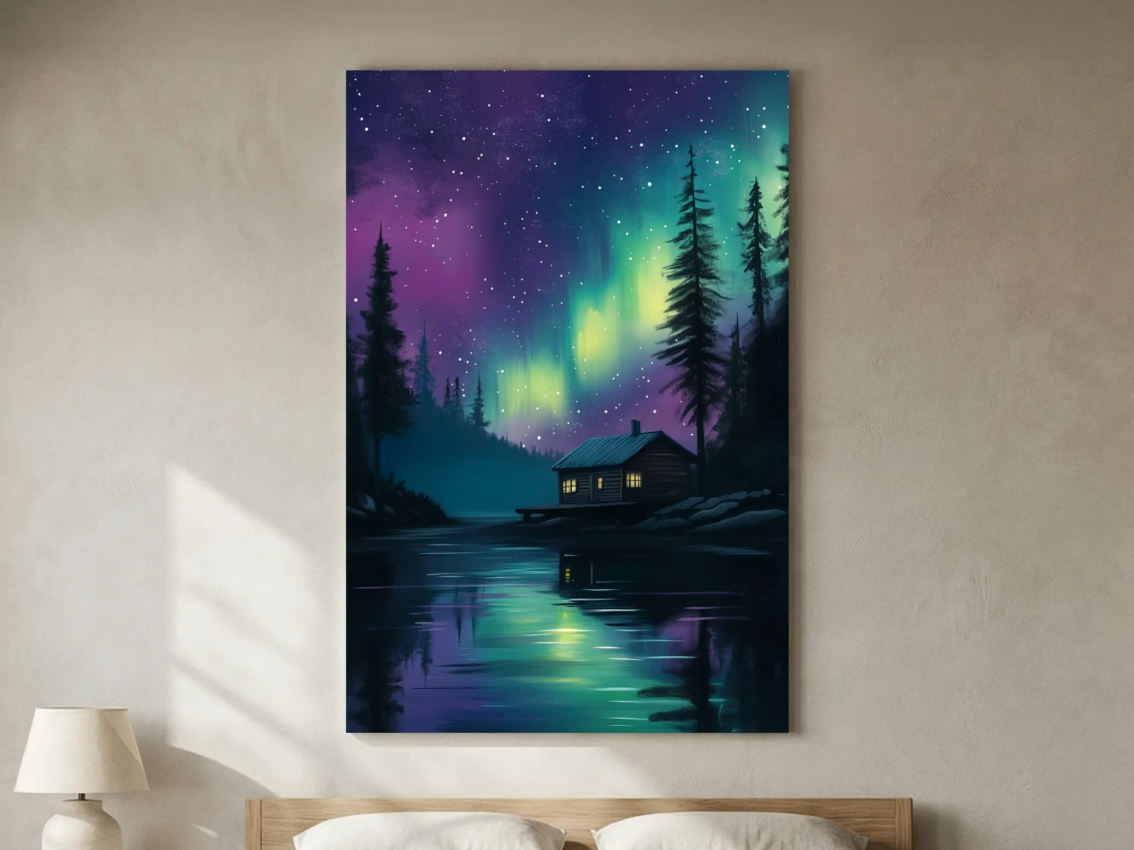 Aurora Borealis Lake Cabin Painting - Northern Lights Wall Art
