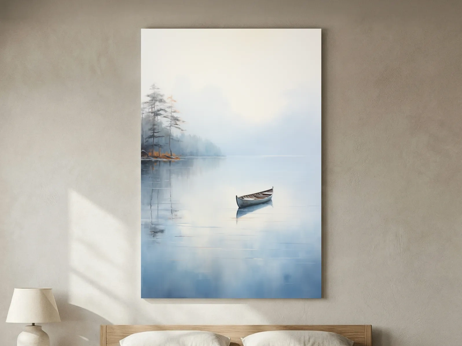 Misty Lake Canoe Reflection Painting - Serene Minimalist Waterscape Wall Art