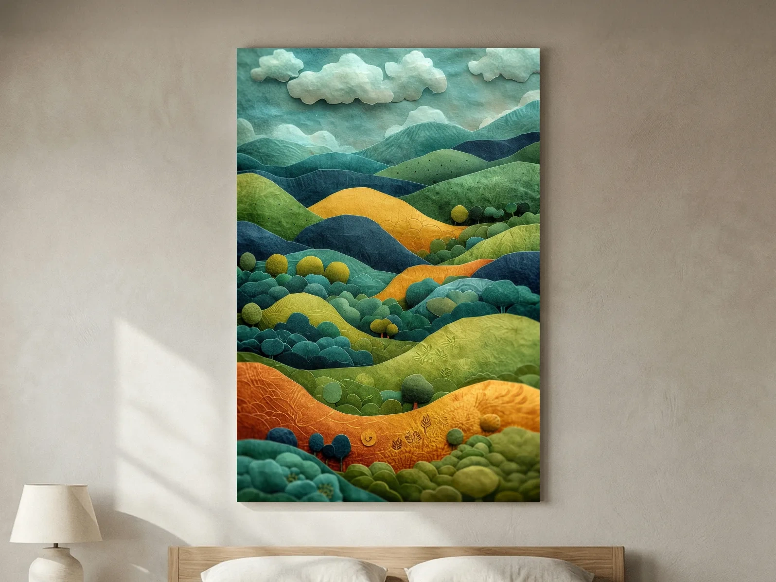 3D Layered Paper Cut Style Mountain Artwork - Whimsical Surreal Landscape Wall Art