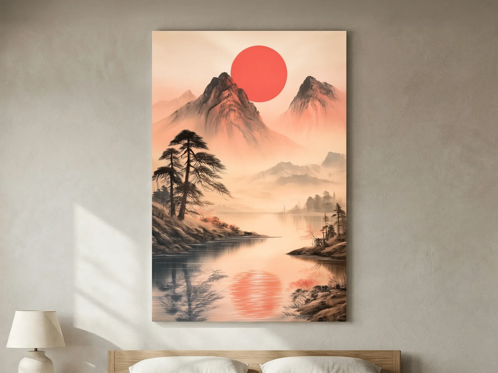 Zen Misty Mountain Lake Sunrise - Japanese Ink Wash Wall Art