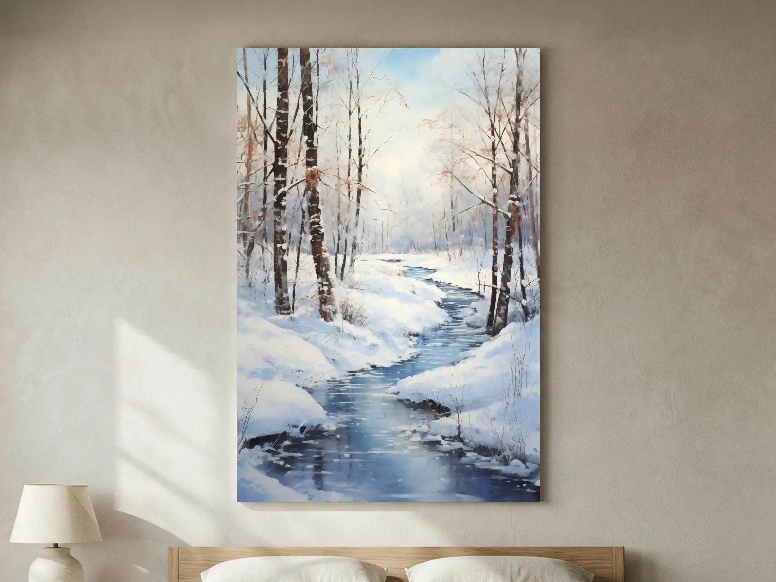 Serene Winter River Forest Painting - Snowy Woodland Wall Art