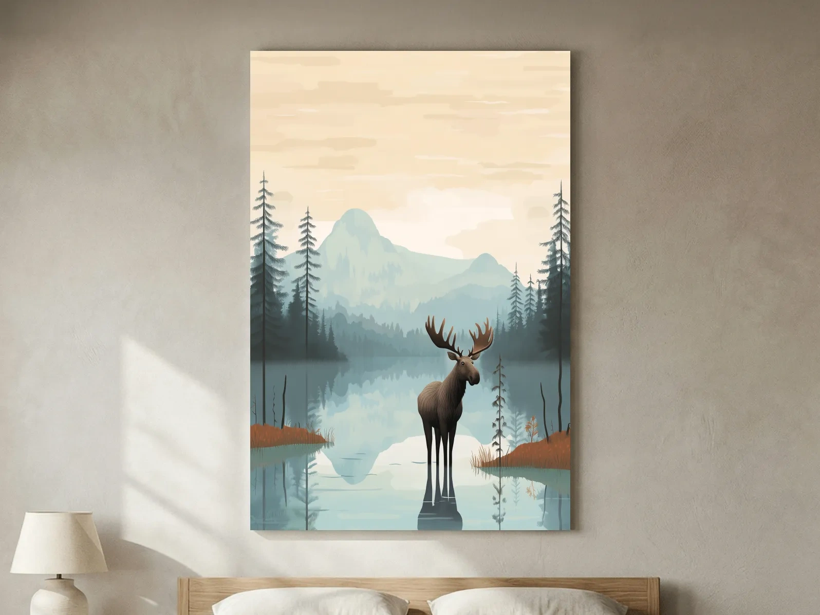 Moose Mountain Lake Illustration - Nursery Forest Mountain Wall Art