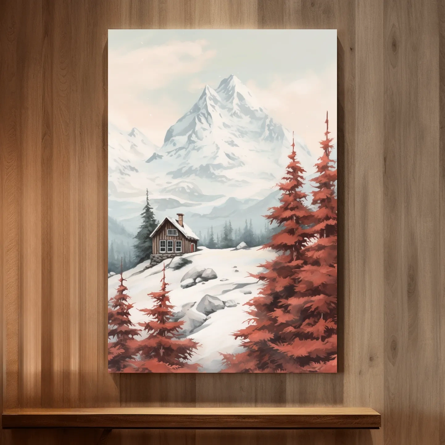 Painting of a snowy alpine scene, red fall leaves, an alpine cabin and glacier