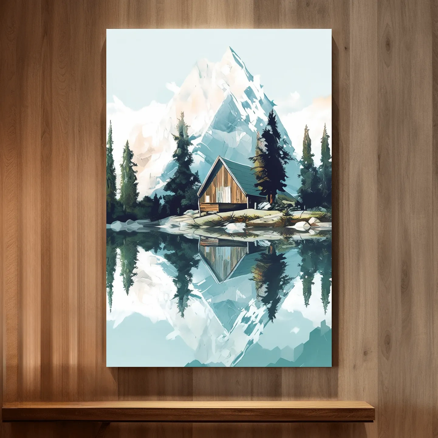 Serene Alpine Cabin Lake Painting - Mountain Landscape Wall Art