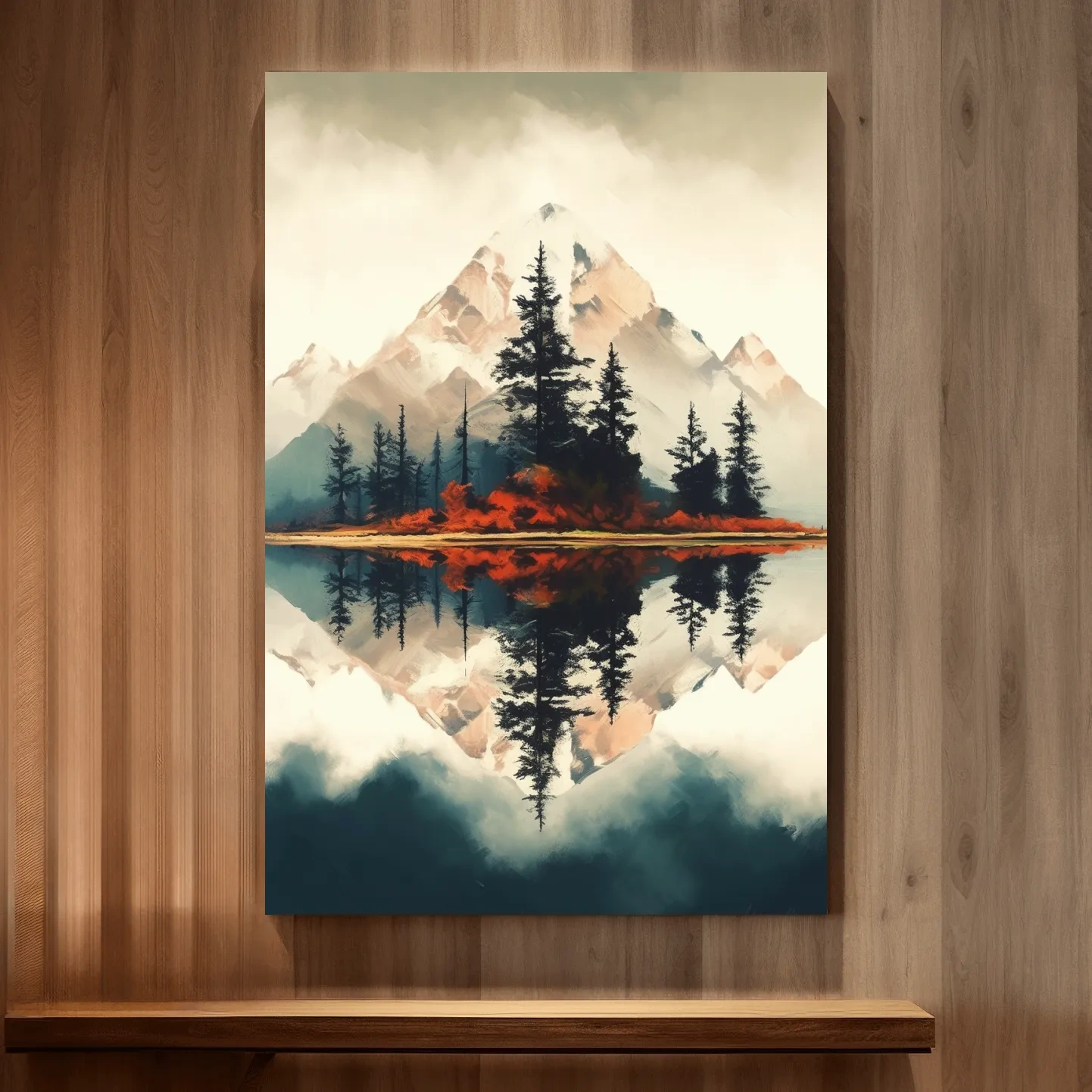 Minimal mountain art, trees by an alpine lake
