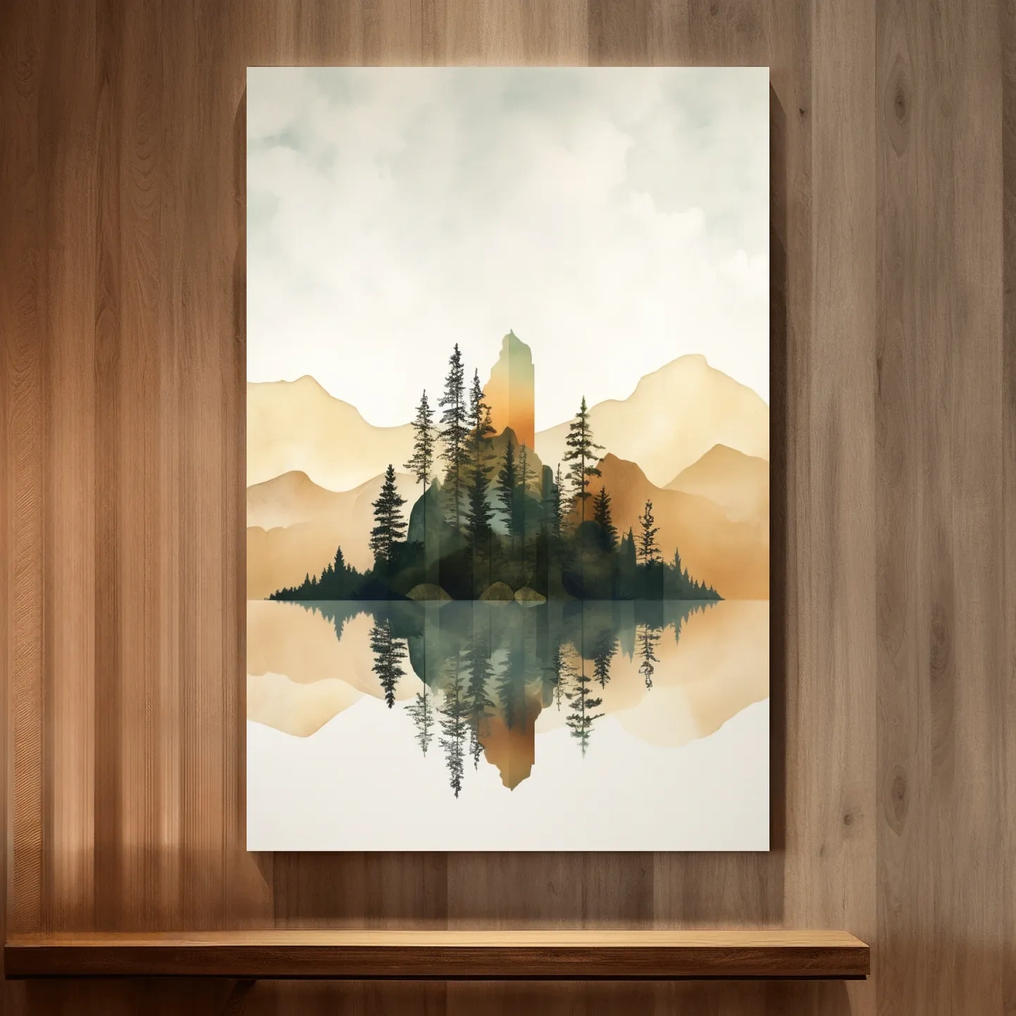 Minimal watercolour painting of alpine trees by a lake
