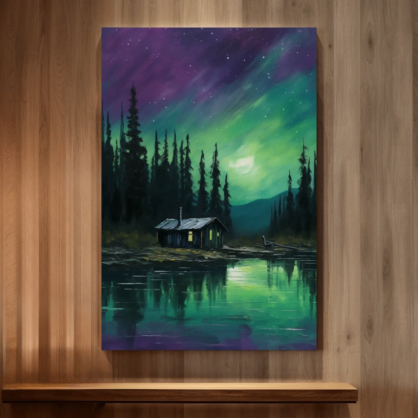 Painting of cabin by a lake under the northern lights night sky