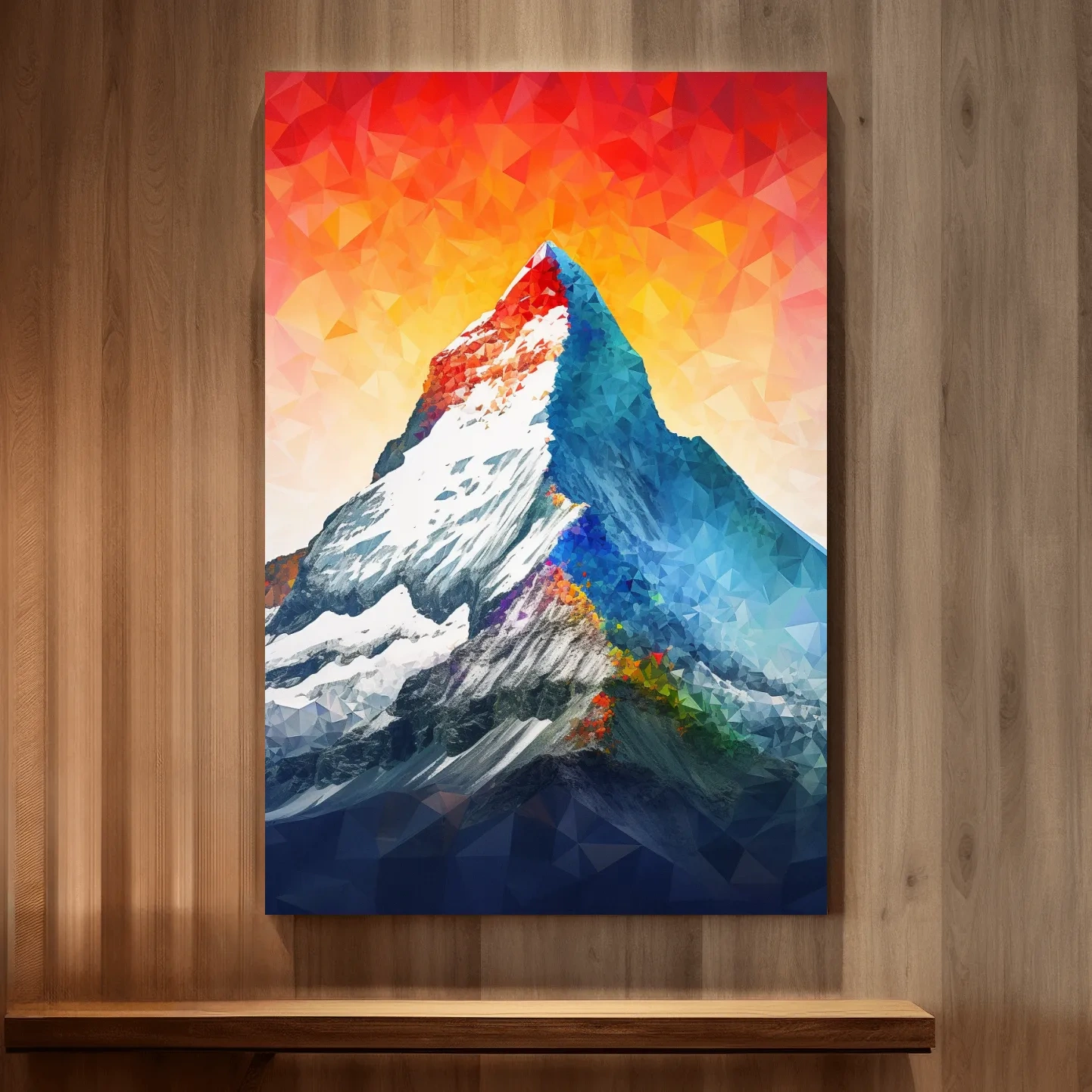 Vibrant abstract mountain painting, sunset over a glacier