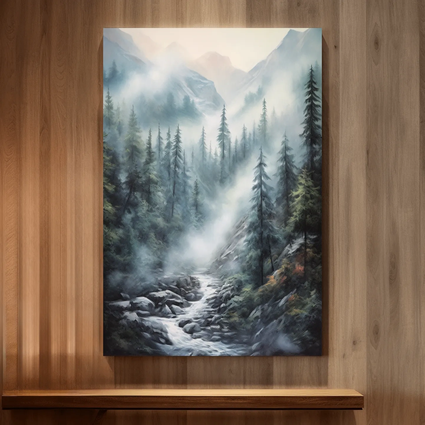 Misty Alpine Pine Forest River Painting - Moody Mountain Landscape Wall Art