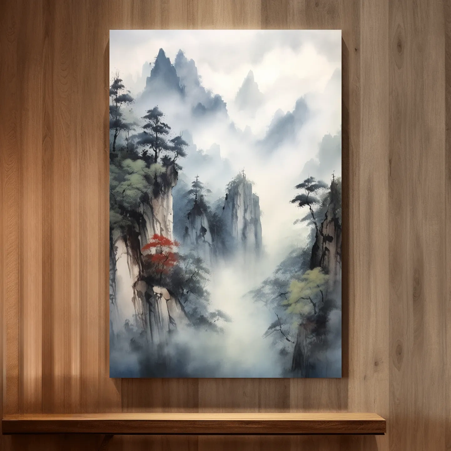 Chinese ink wash style watercolour painting of a misty mountain landscape
