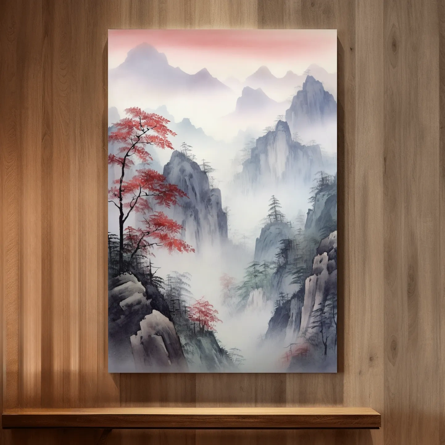 Chinese style ink wash watercolour painting of a foggy mountain scene