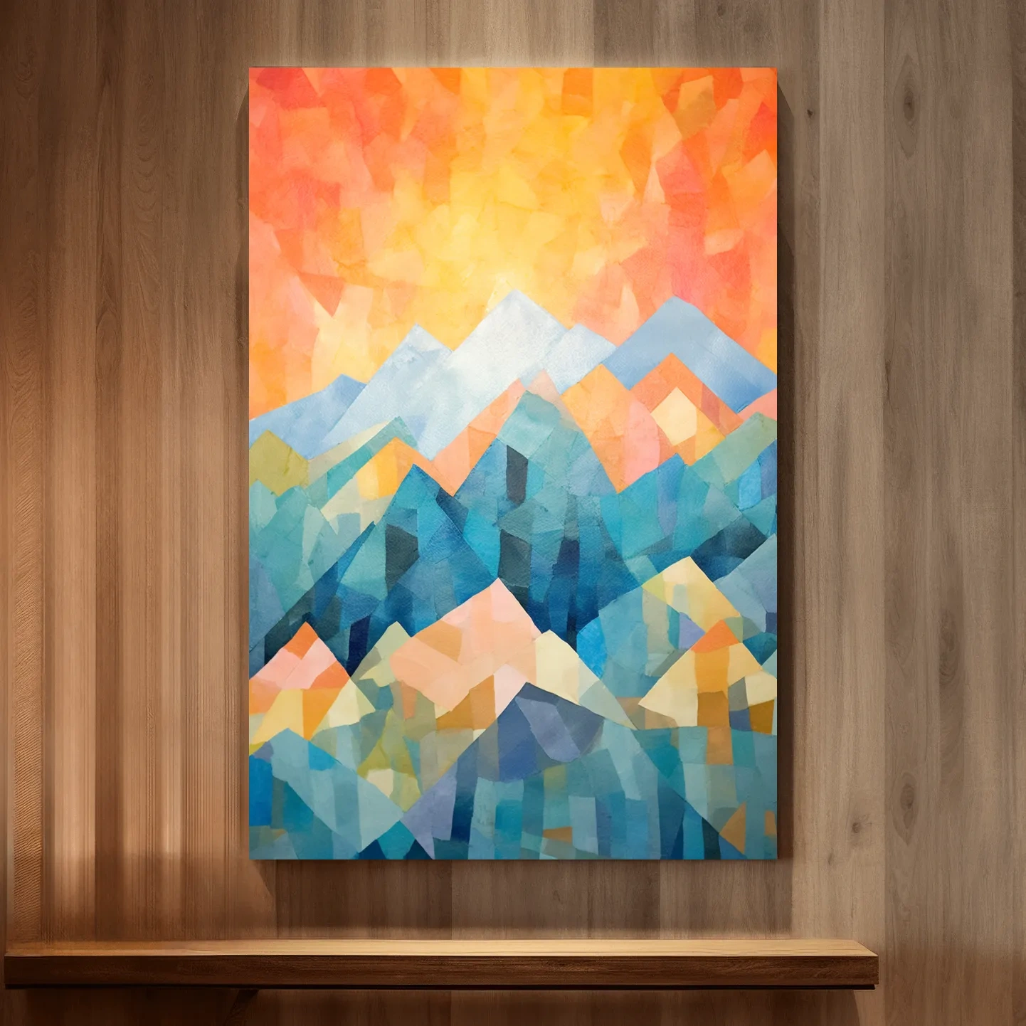 Abstract painting of a mountain scene at sunrise