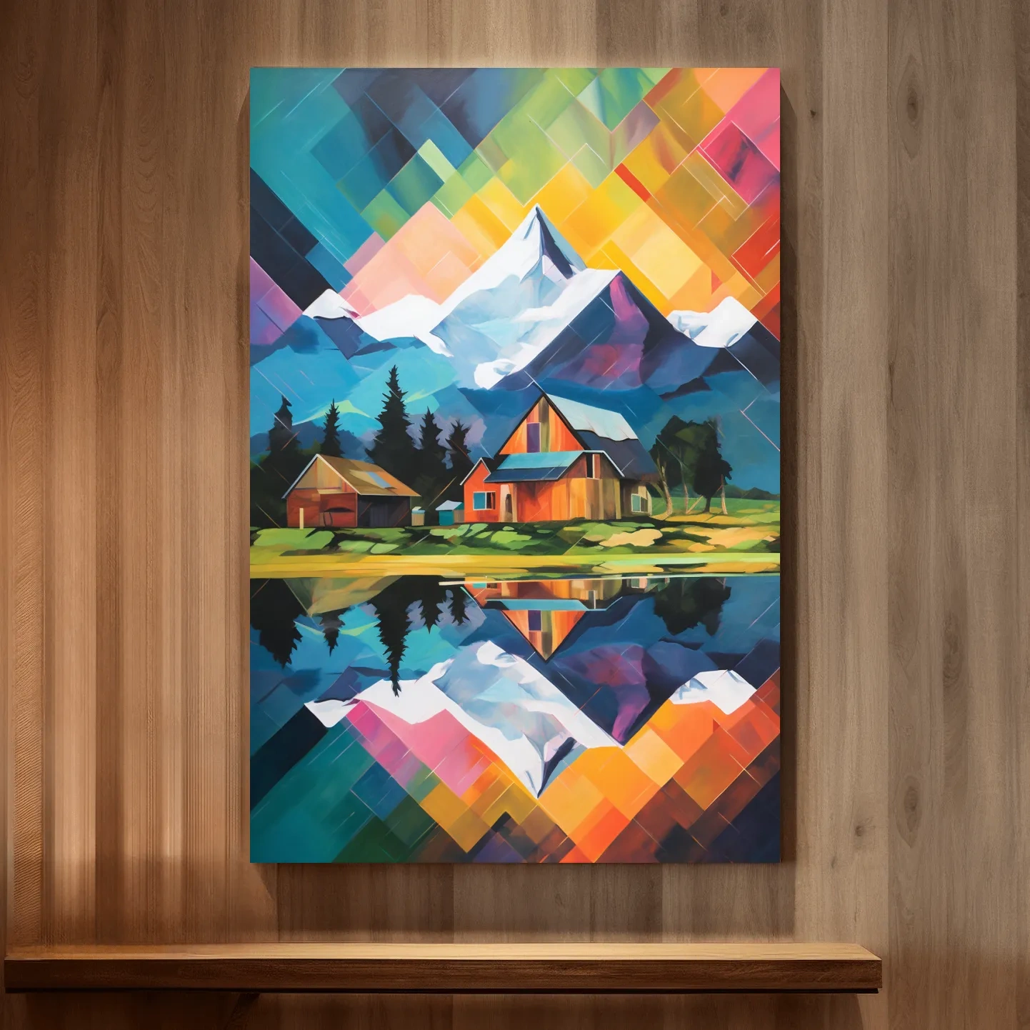 Vibrant Geometric Mountain Cabin Painting - Colorful Abstract Alpine Wall Art