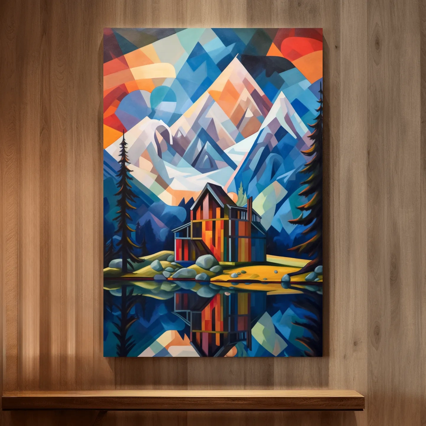 Vibrant Geometric Mountain Lake Cabin Painting - Abstract Alpine Wall Art