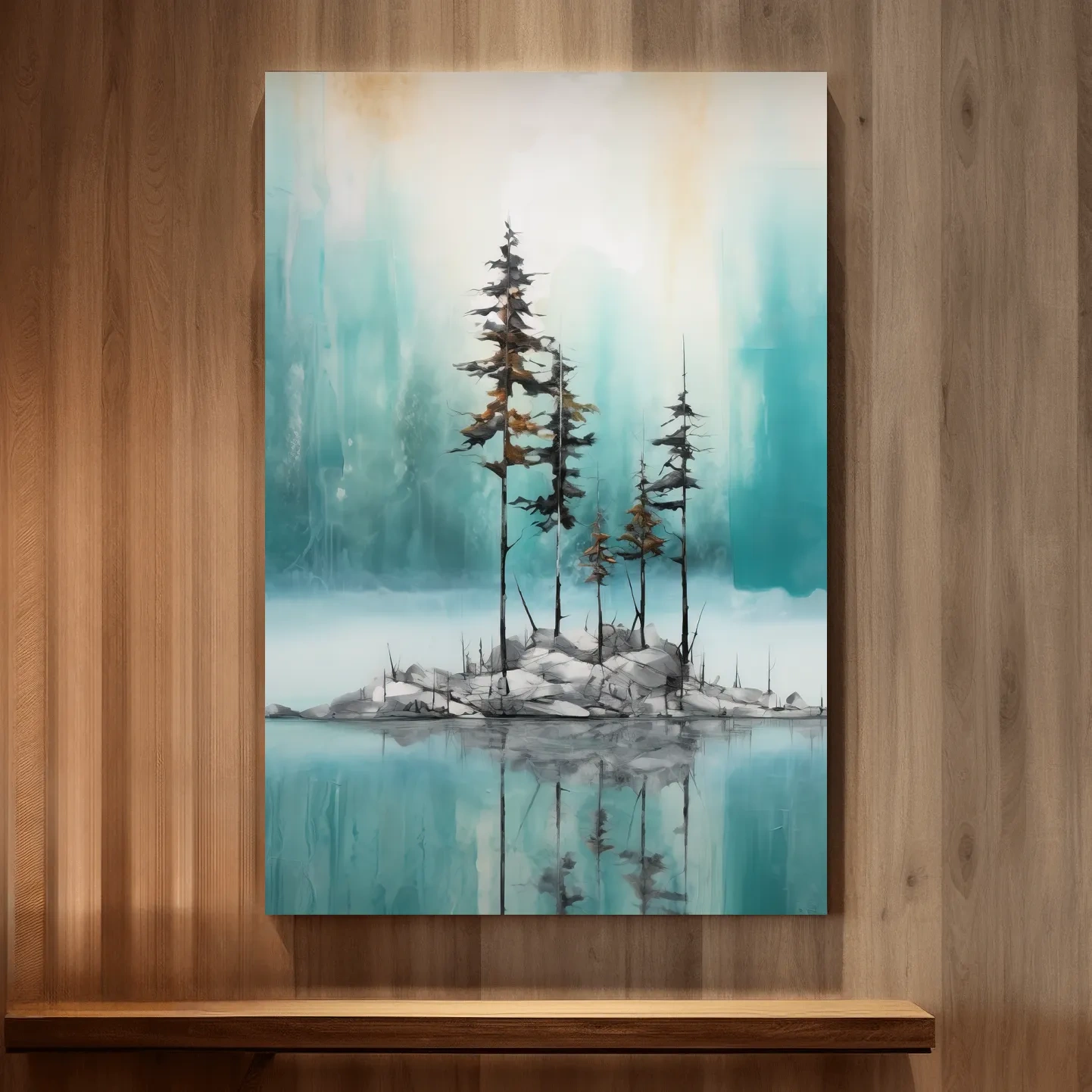 Abstract painting of trees by an alpine lake