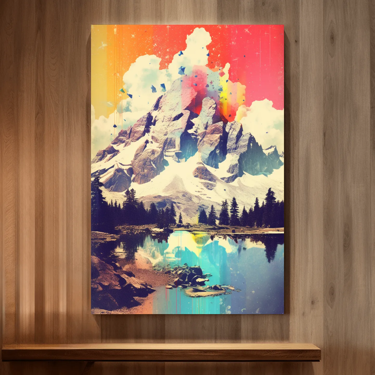 Colourful abstract painting of a mountain and lake