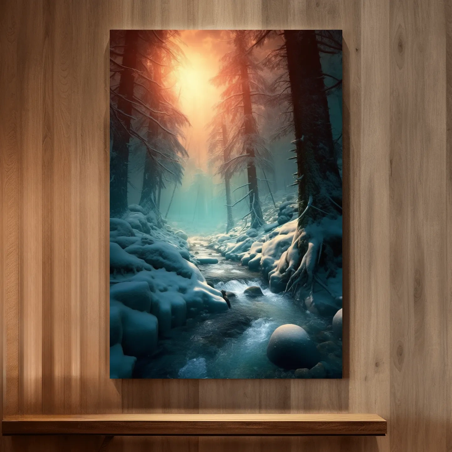 Photographic wall art, a stream running through the snow