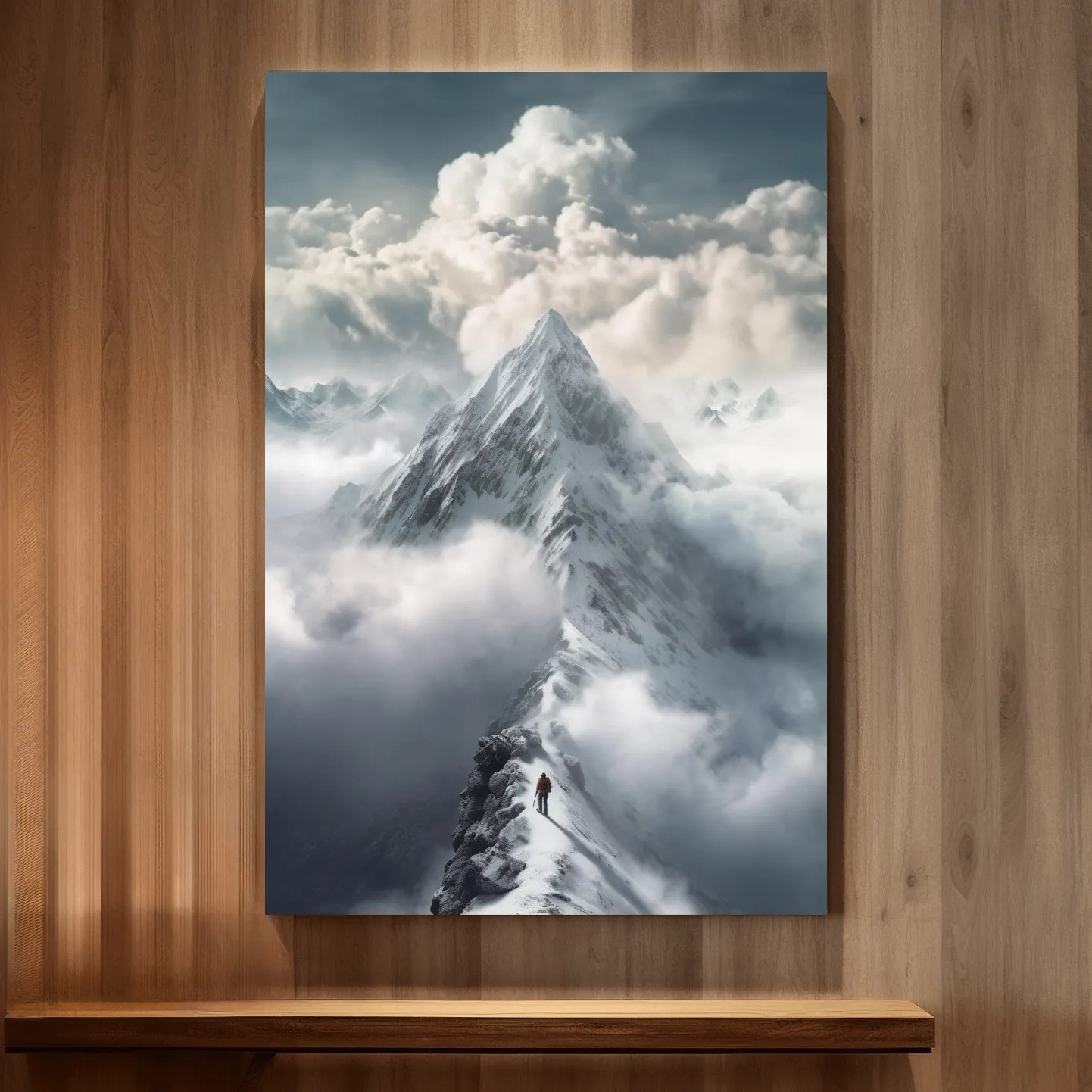 Painting of a person approaching the summit of a snowy mountain