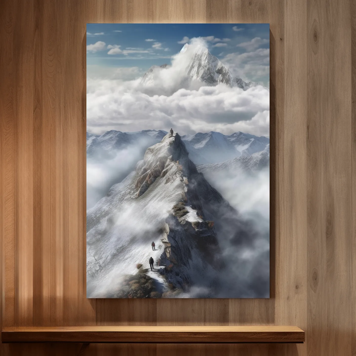 Painting of adventurers hiking up a ridge