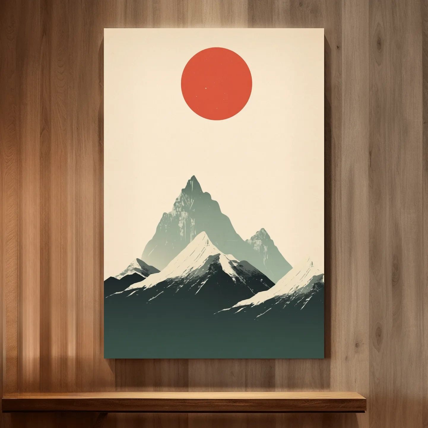 Japandi style minimalistic art of the sun over snow capped mountains