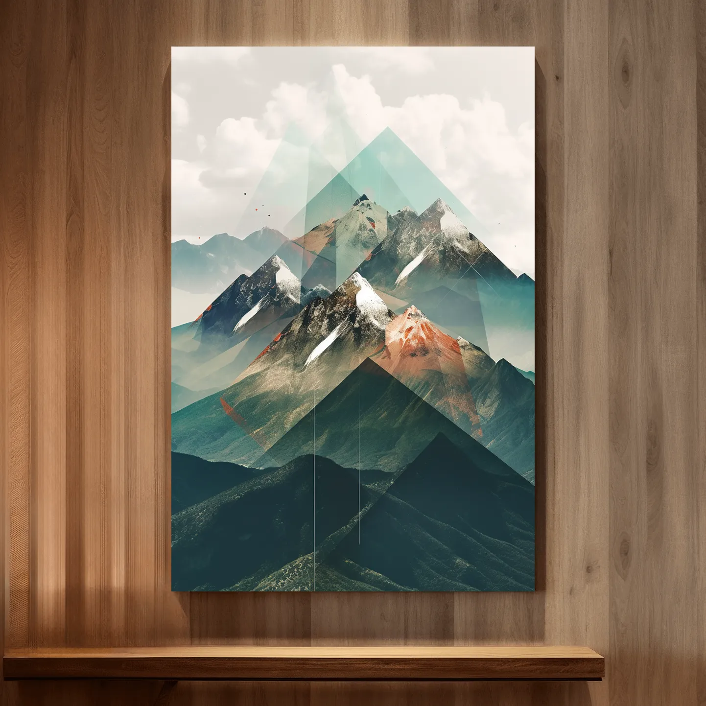Abstract mountain art, geometric shapes overlaying mountain photography