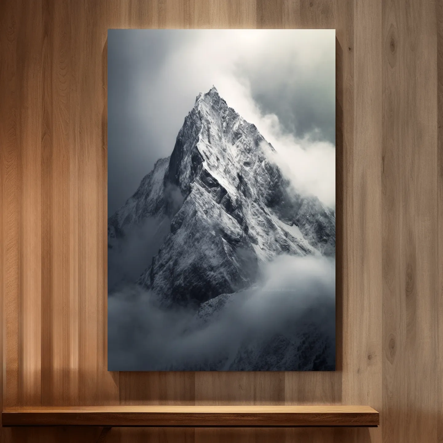 Photographic art, ominous snow capped mountain in the clouds