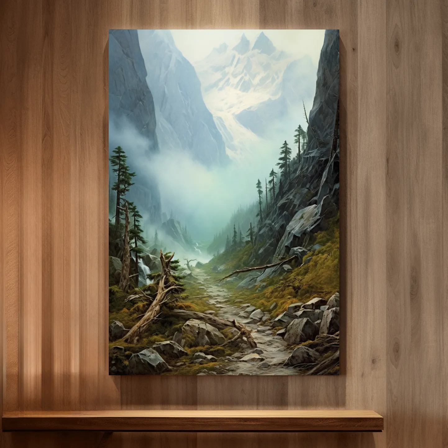 Painting of a foggy alpine scene