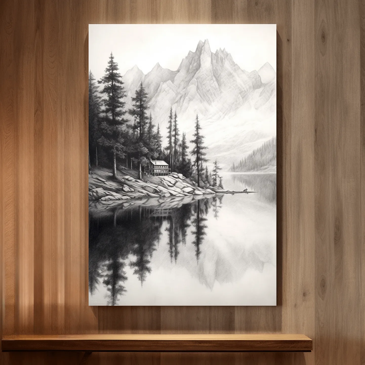 Lead pencil drawing of a cabin by an alpine lake