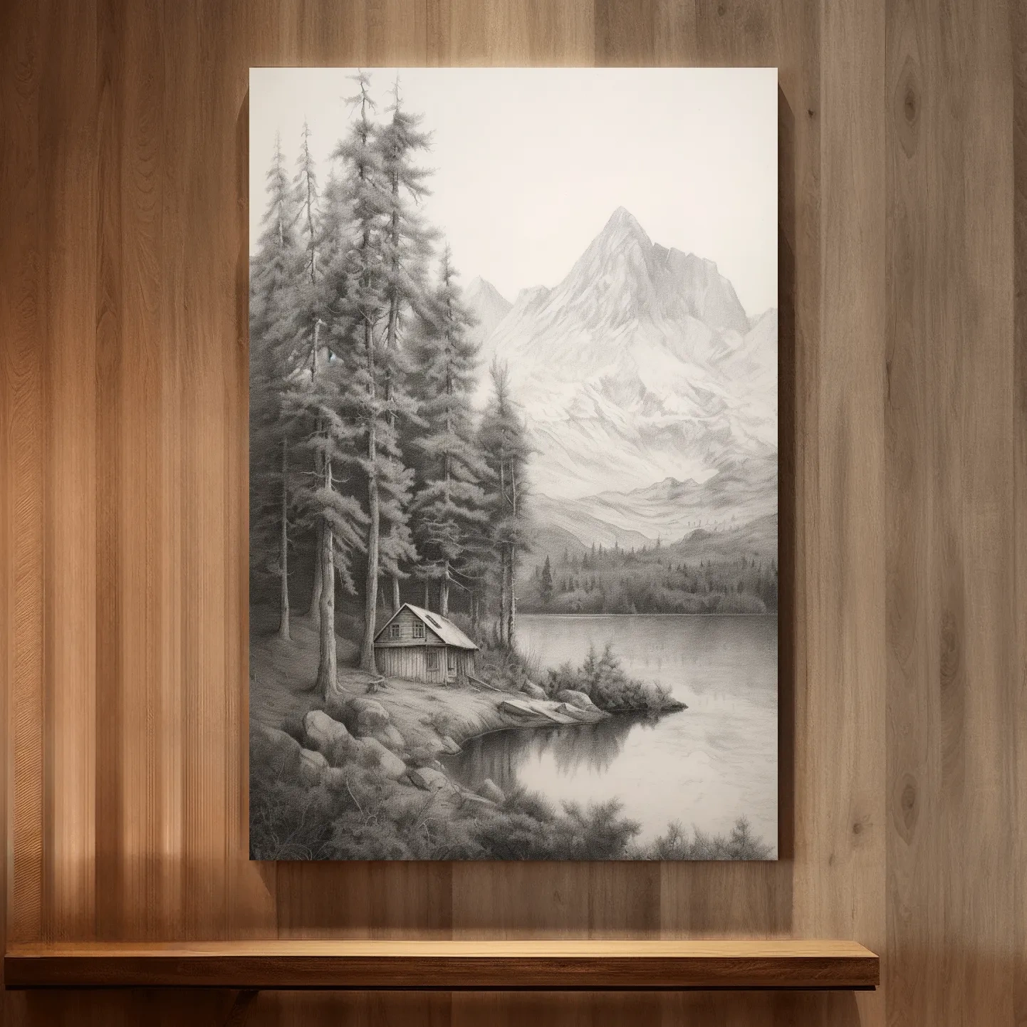 Lead pencil drawing of a cabin by an alpine lake