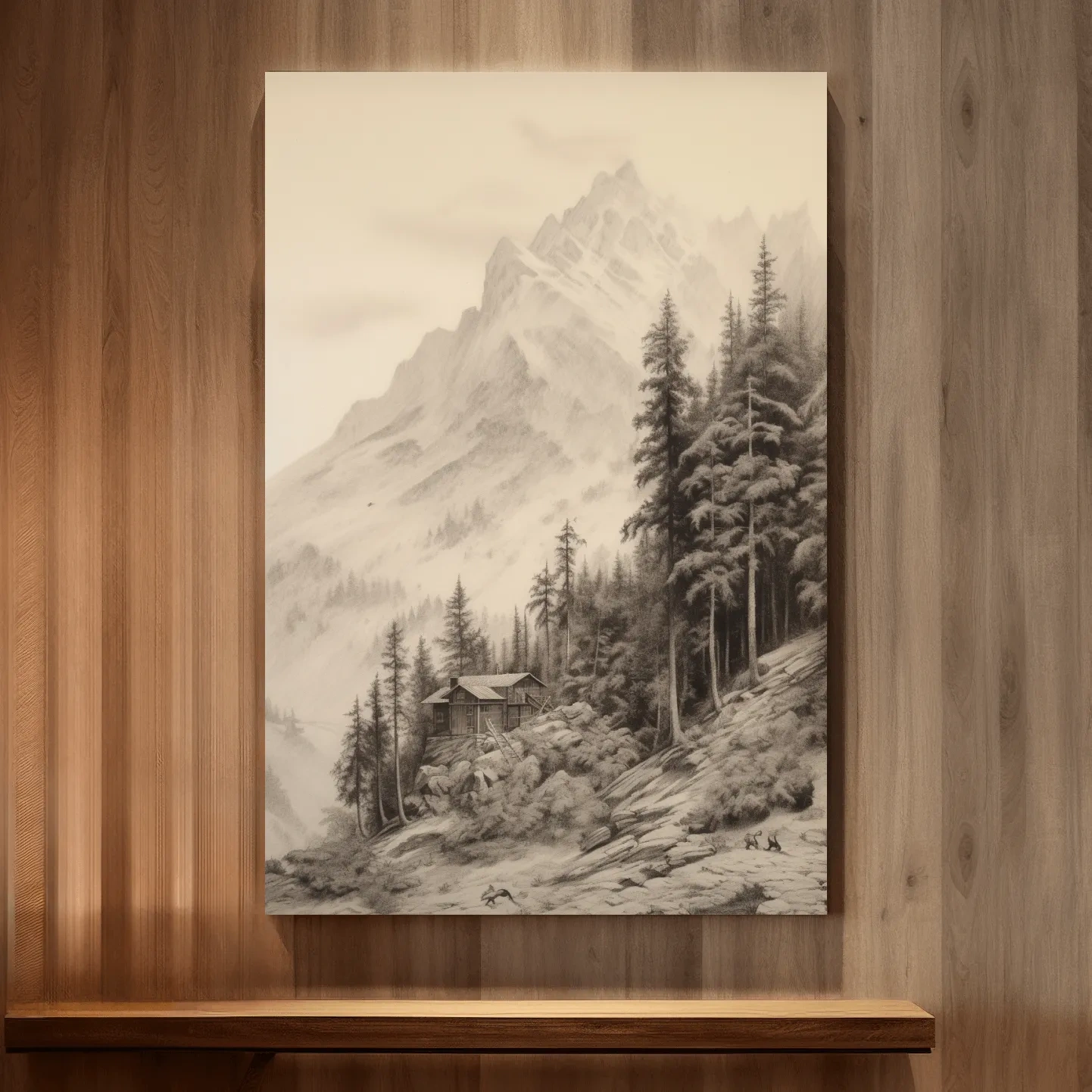 Lead pencil drawing of a cabin by a glacier