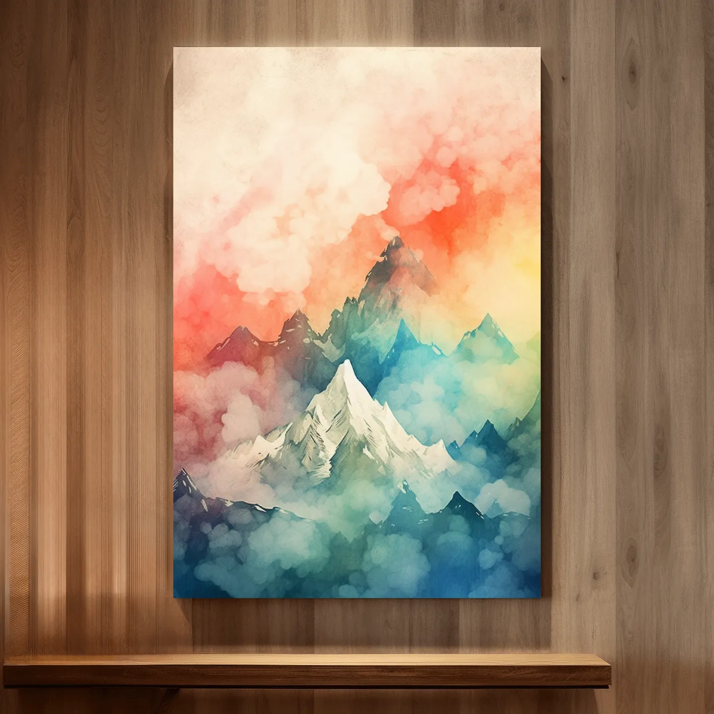 Colourful watercolour painting of a mountain landscape