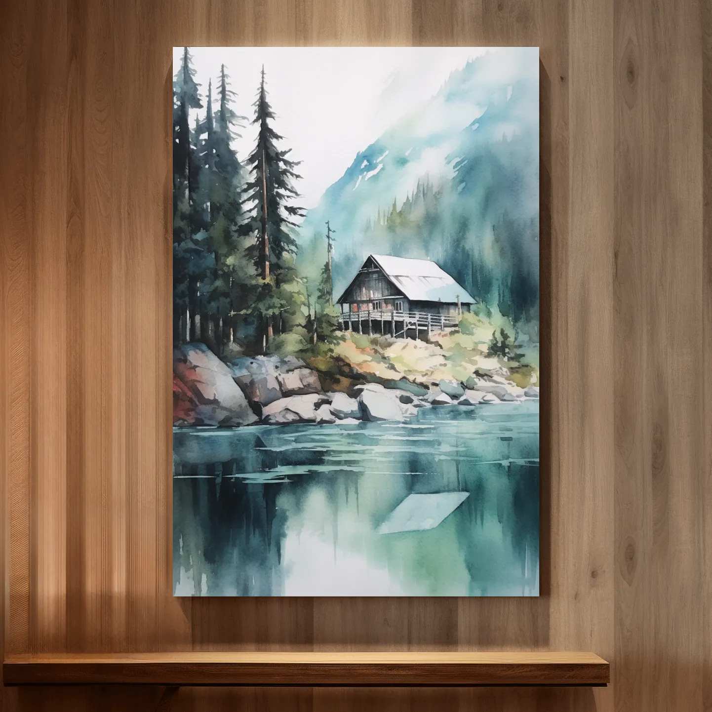 Watercolour painting of a cabin by a lake