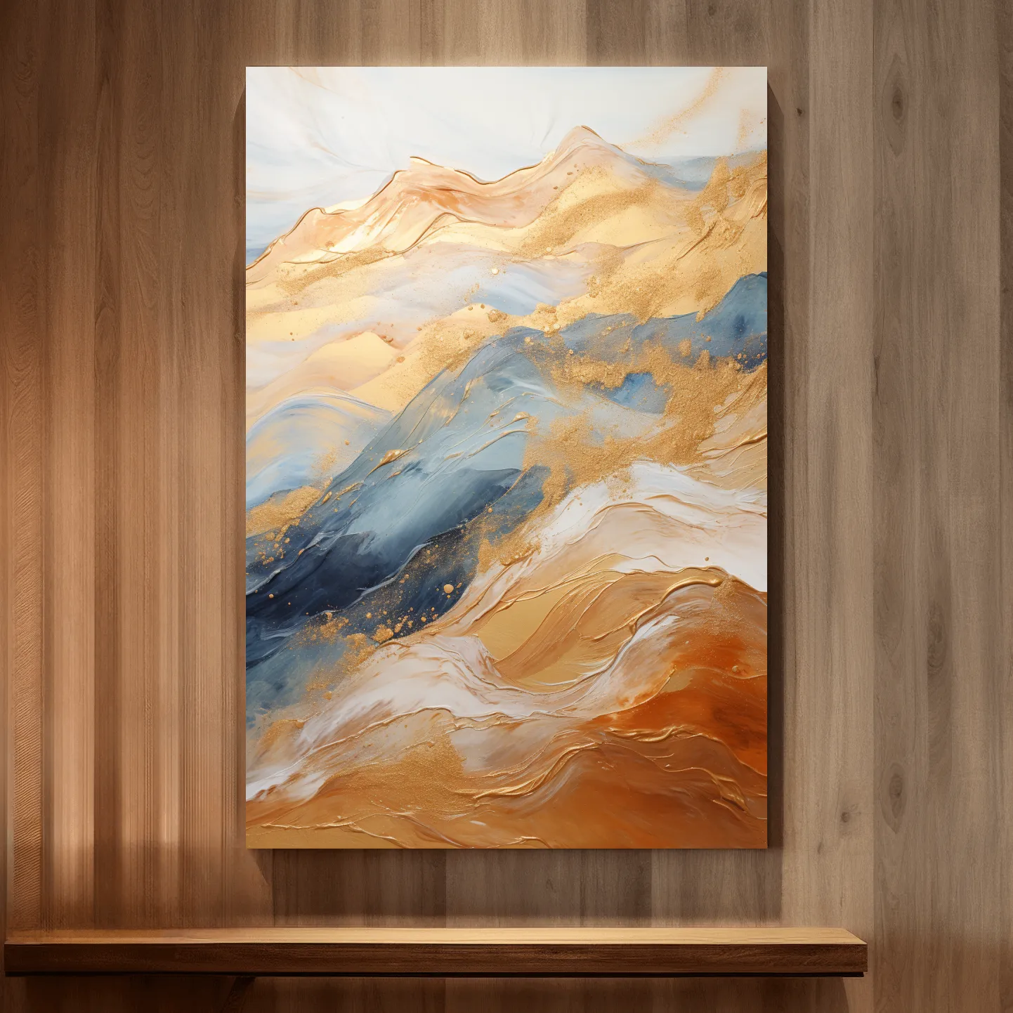 Abstract golden swirling painting forming mountains