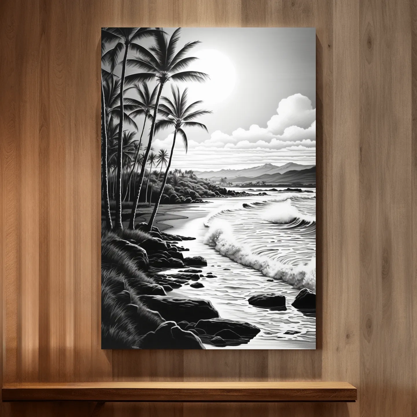 Black and white drawing of a tropical beach mountain scene