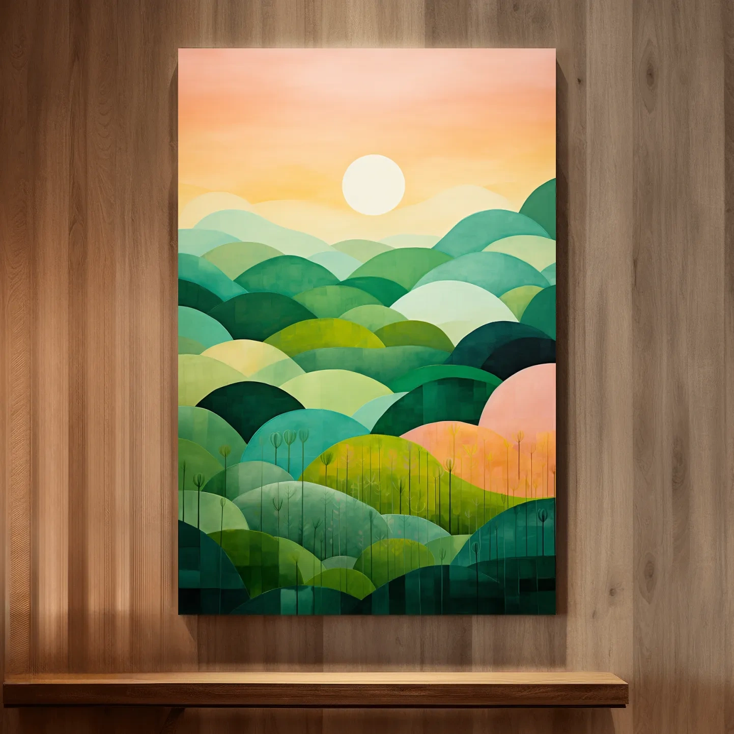 Rolling green abstract hills at sunset