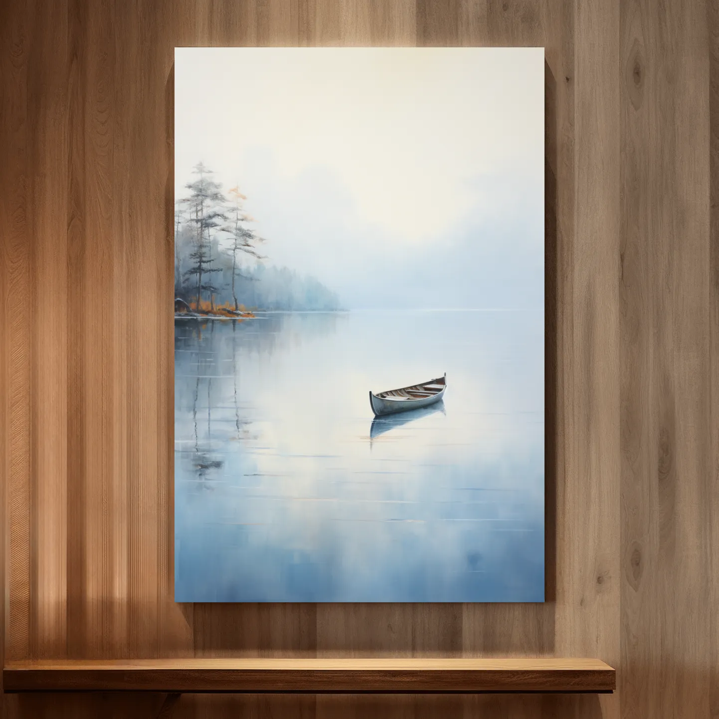 Watercolor painting, canoe on a misty lake