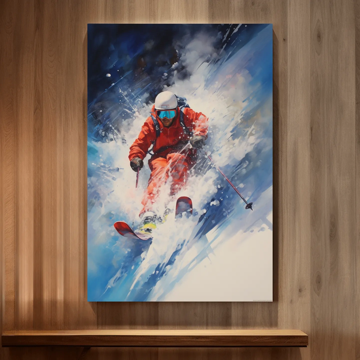 Dynamic painting of a skier exploding in powder