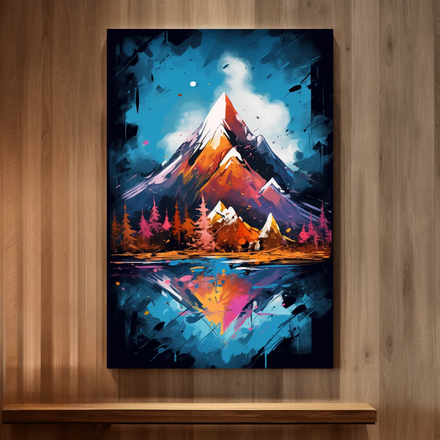 Vibrant Abstract Alpine Lake Painting - Colorful Mountain Forest Wall Art