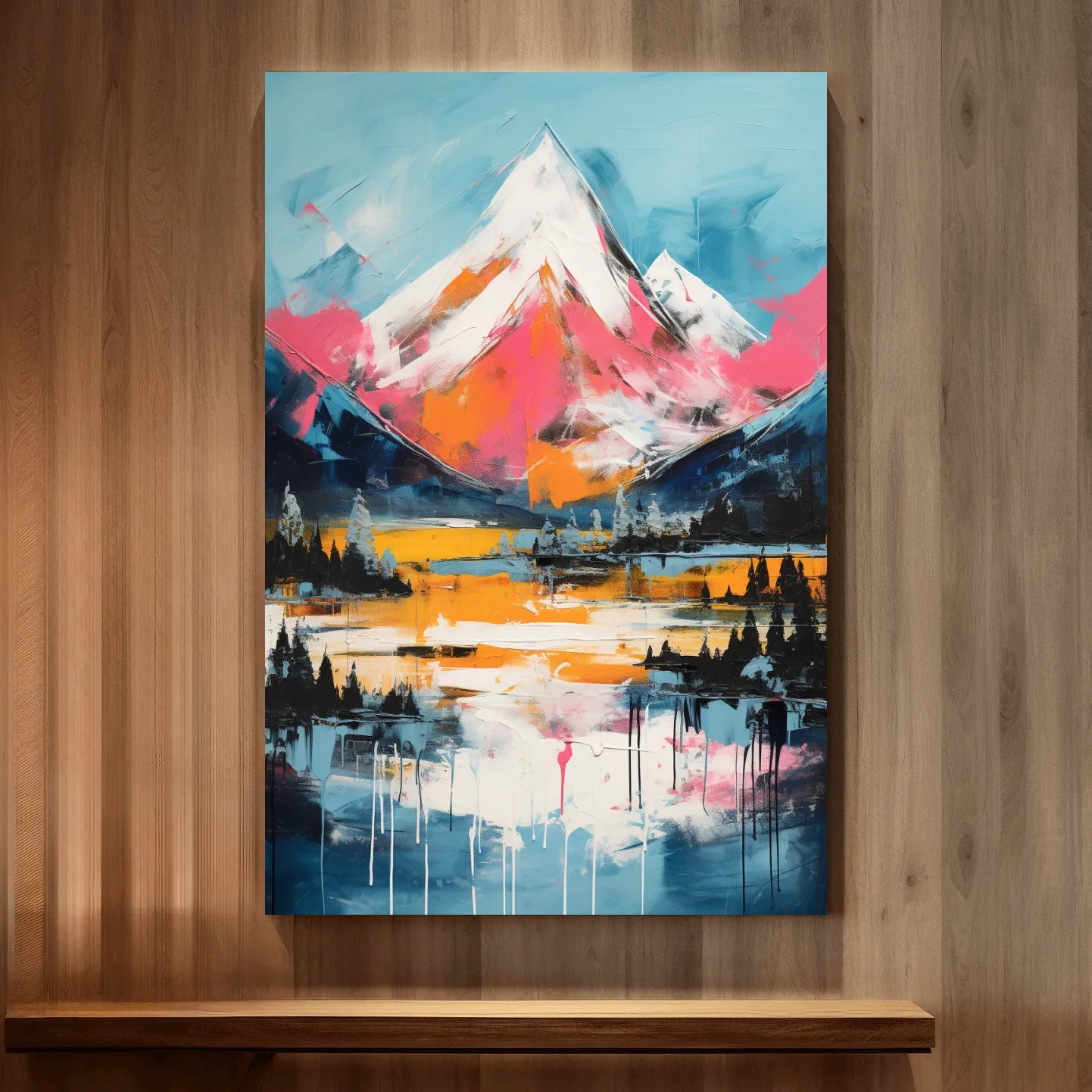 Bright painting of a snow capped mountain