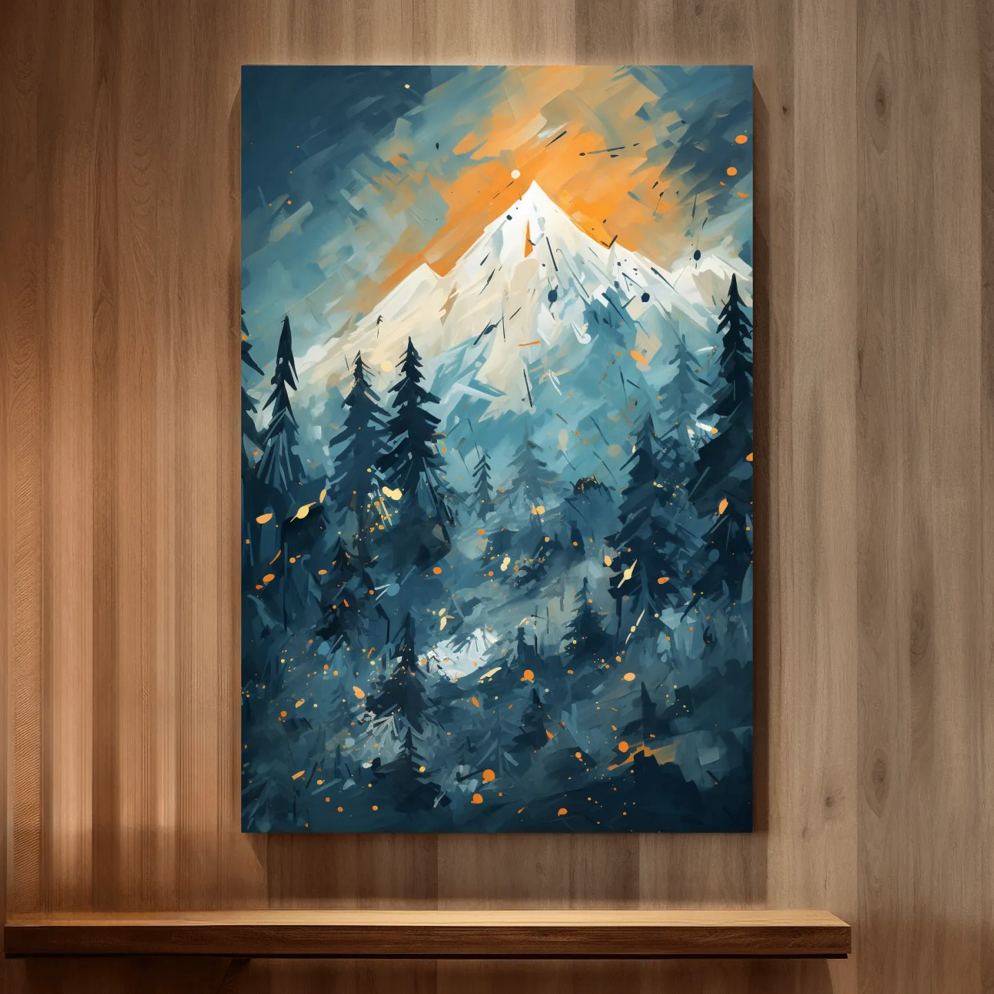 Abstract Snowy Mountain Peak Sunset - Moody Pine Forest Painting Wall Art