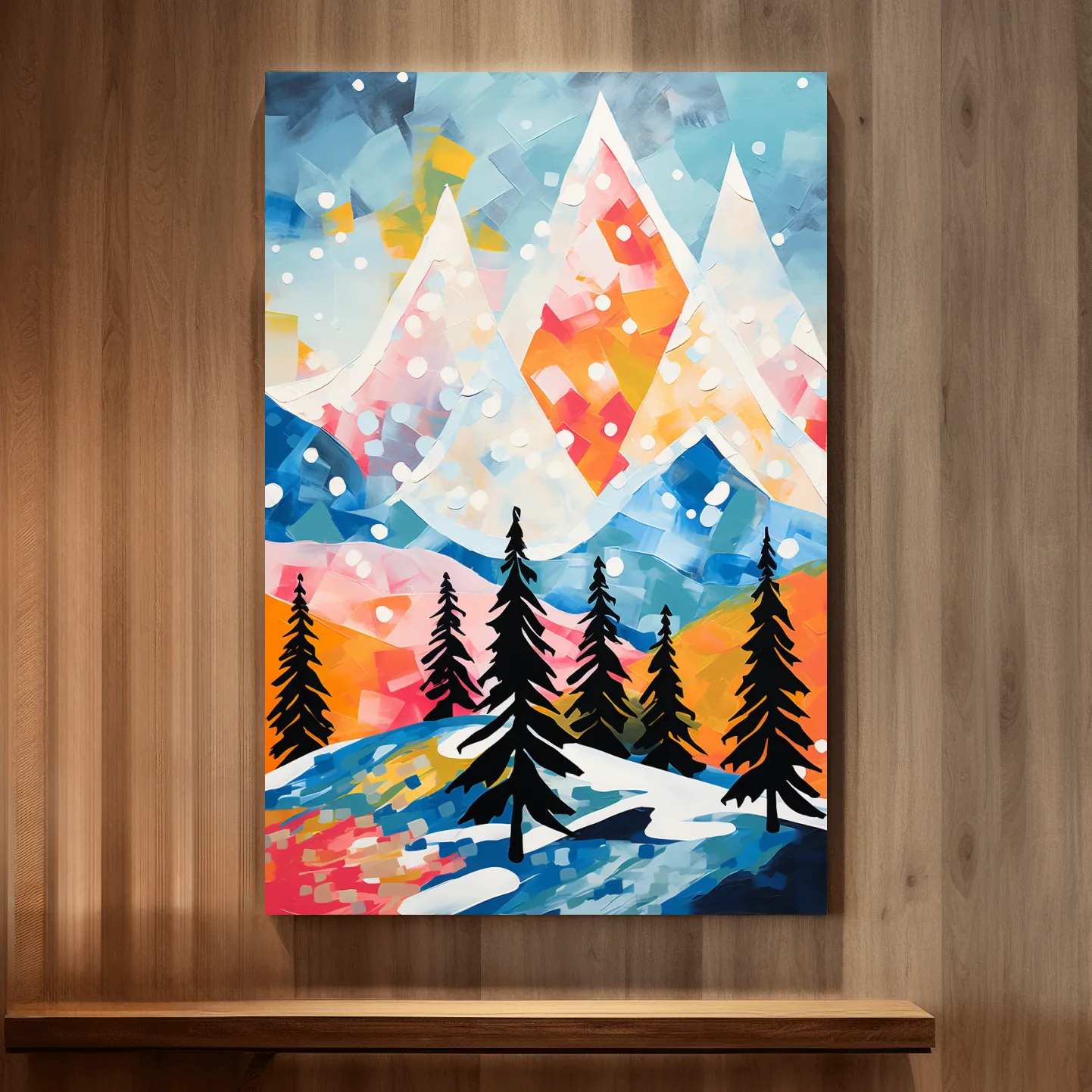 Simple colourful abstract painting of a snowy mountain scene
