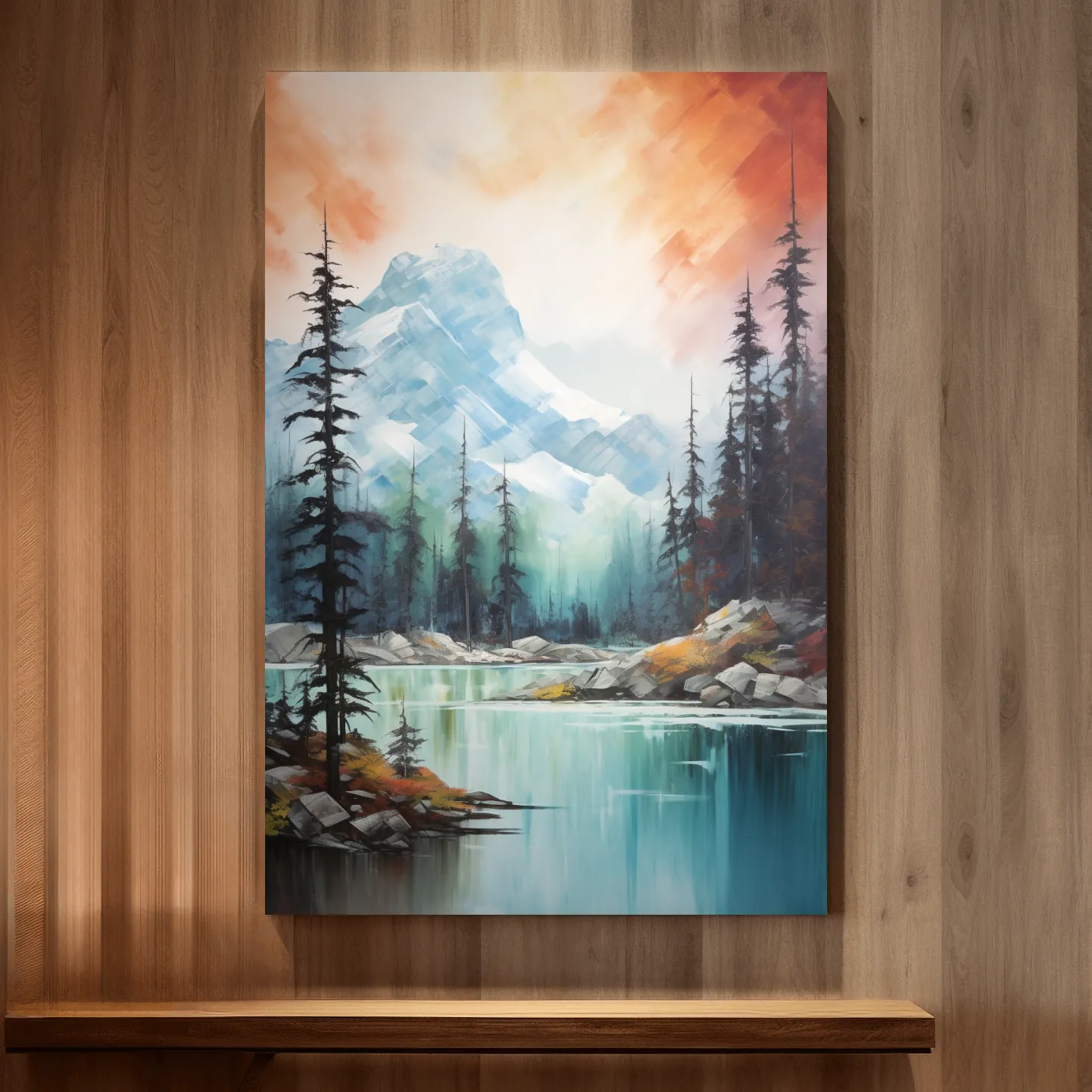 Beautiful mountain painting, turquoise lake in the alpine at sunset