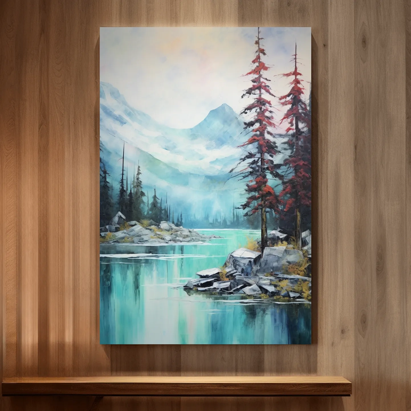 Mountain scenery painting, a turquoise alpine lake