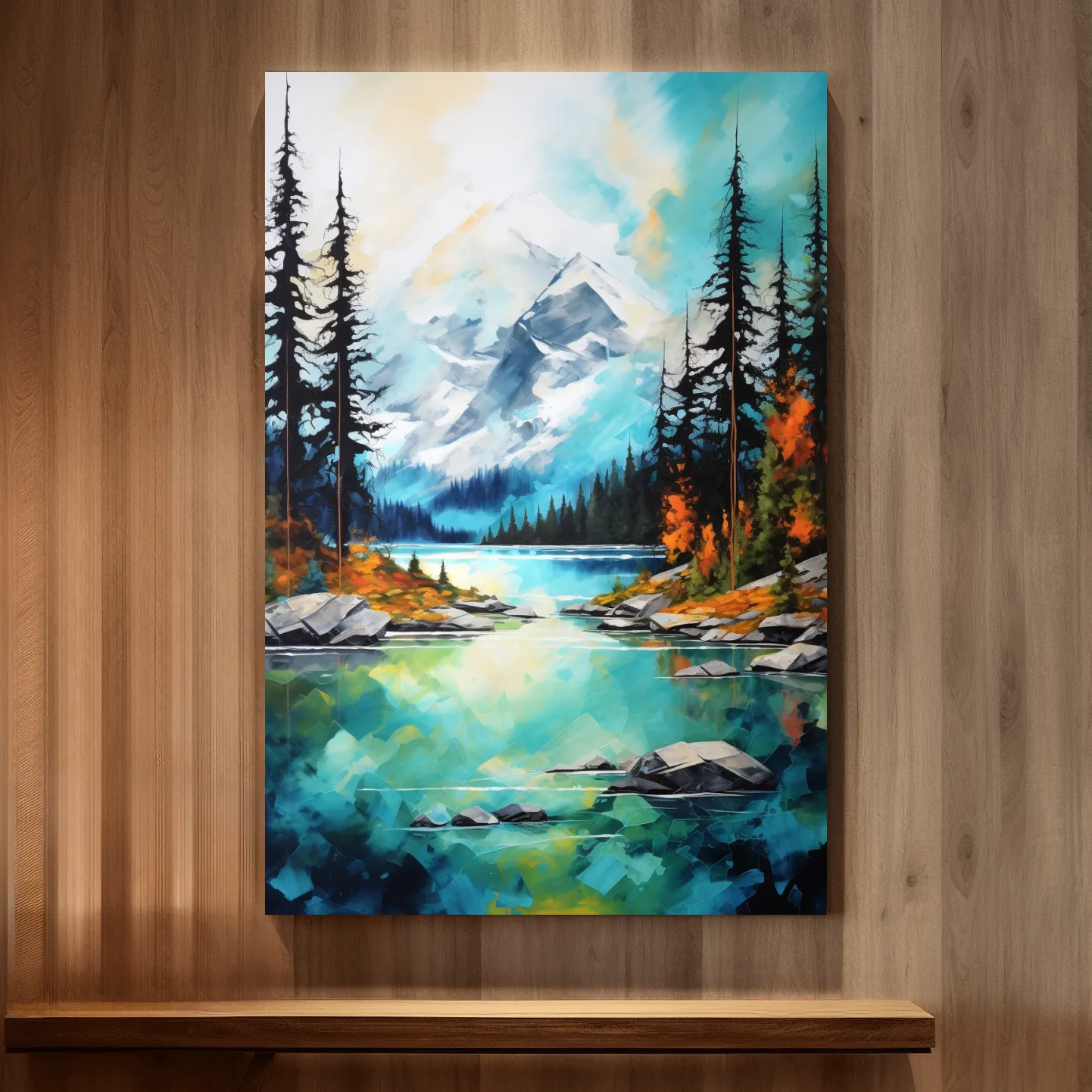 Torquoise alpine lake painting in the fall