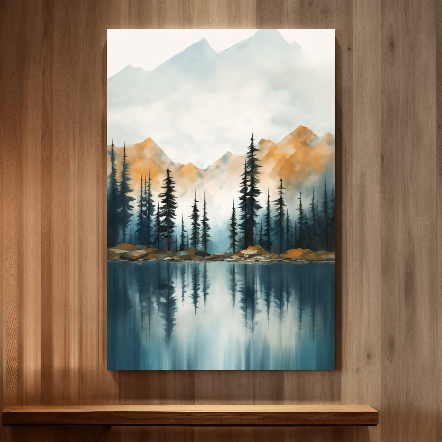 Trees on a beautiful alpine lake, mountain scenery painting