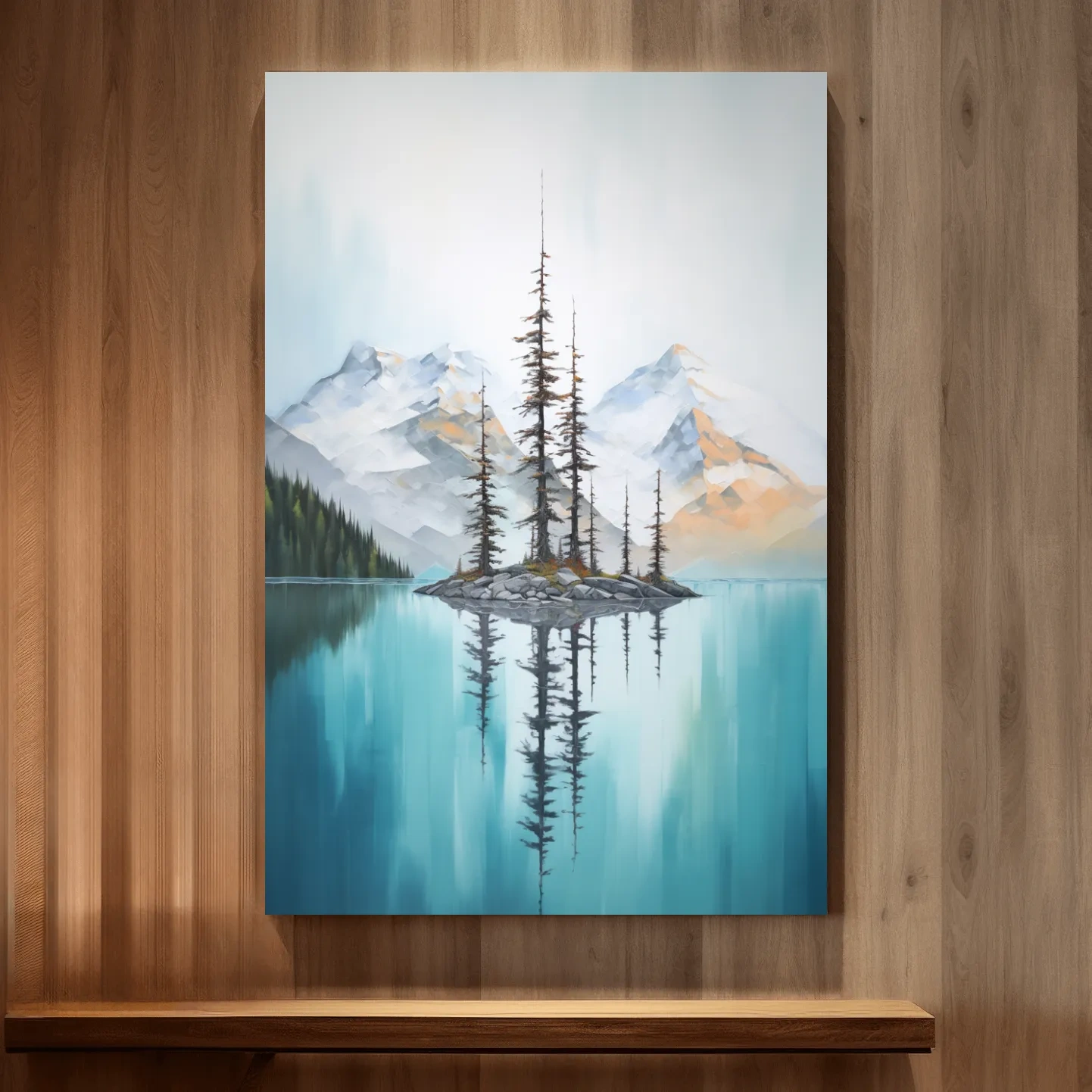 Painting of trees in a turquoise alpine lake