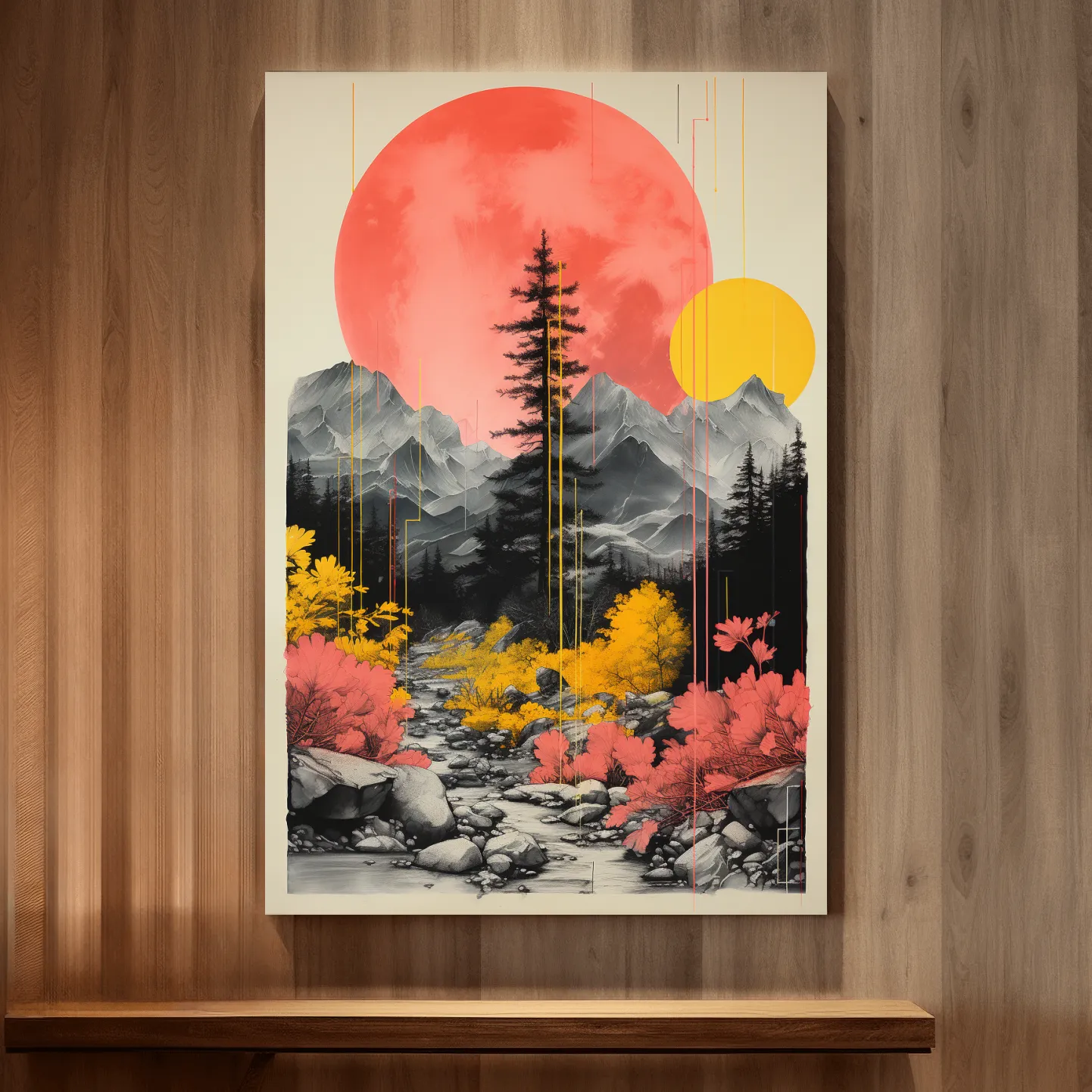 Pink and yellow contrasting artwork, alpine mountain scene