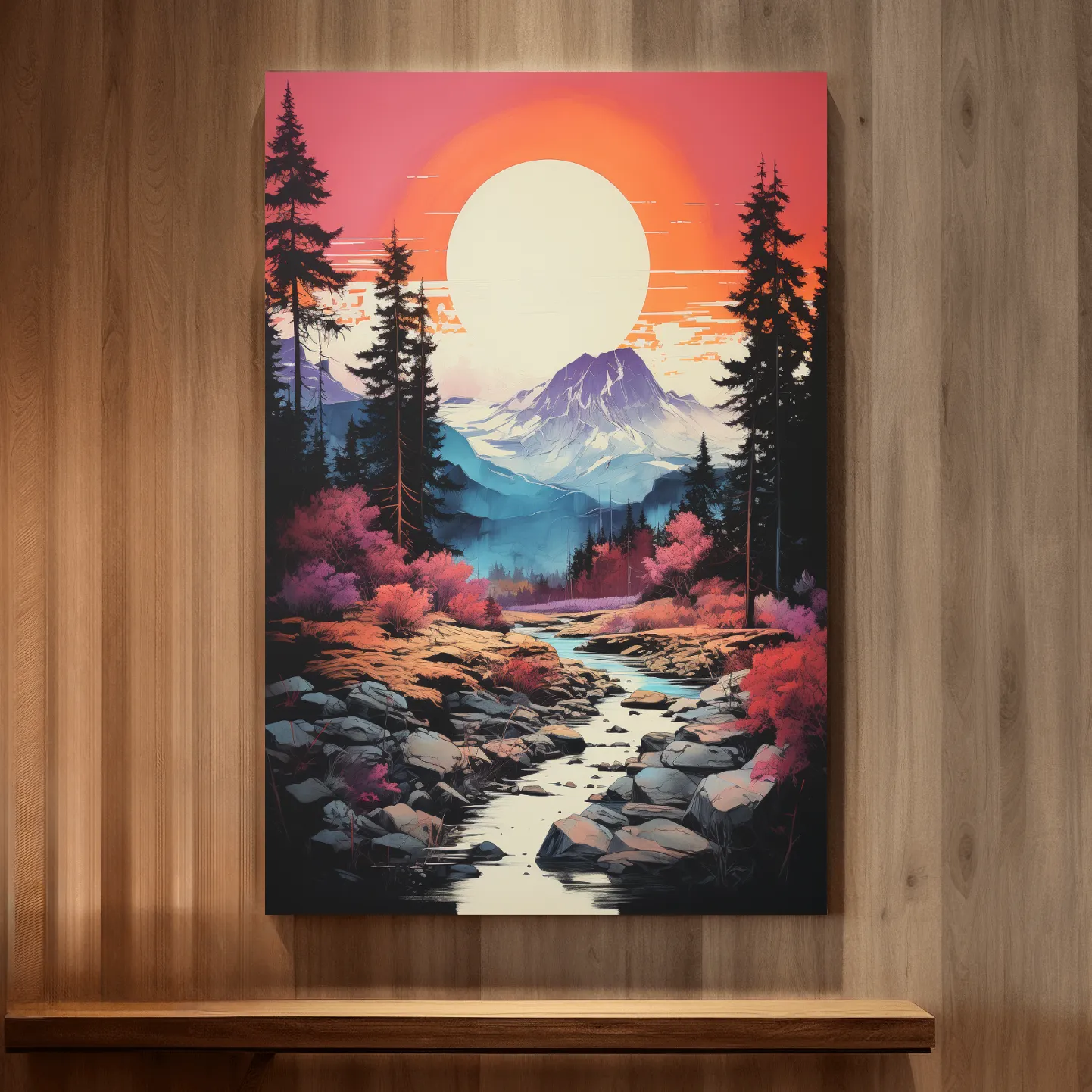 Colorful alpine scene at sunset, illustration
