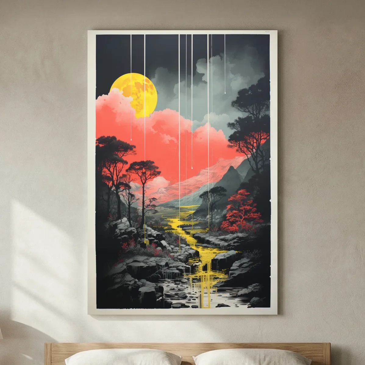 Surreal Moonlit Mountain River Landscape - Fantasy Nature Wall Art